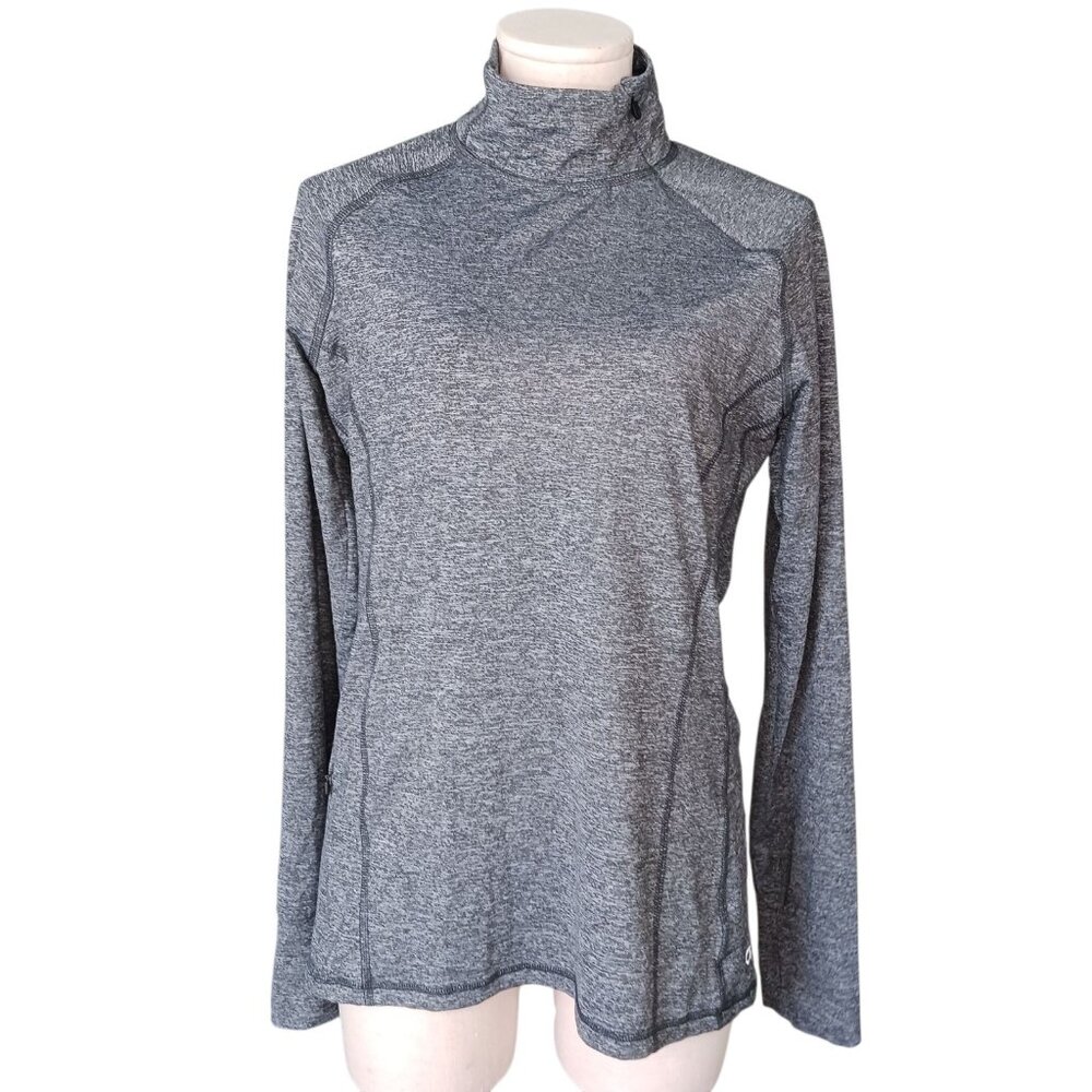 GapFit Asymetrical Zip Brushed Tech Jersey Black Heather Womens L Thumb Holes